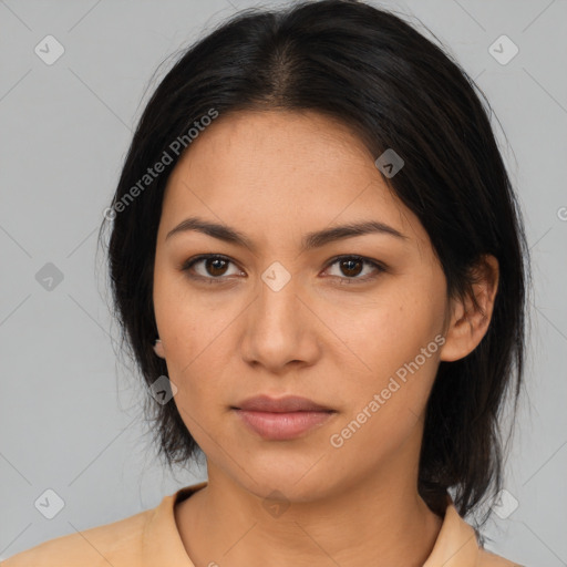 Neutral asian young-adult female with medium  black hair and brown eyes