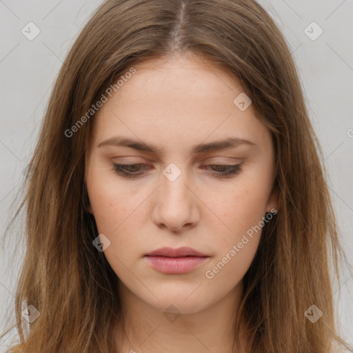 Neutral white young-adult female with long  brown hair and brown eyes