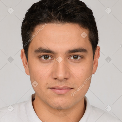 Neutral white young-adult male with short  brown hair and brown eyes