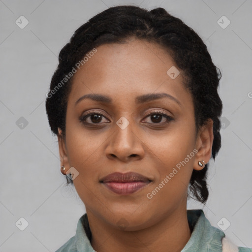 Joyful latino young-adult female with short  black hair and brown eyes