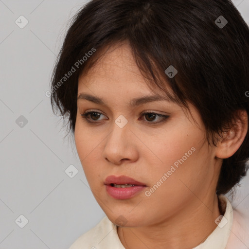 Neutral white young-adult female with medium  brown hair and brown eyes