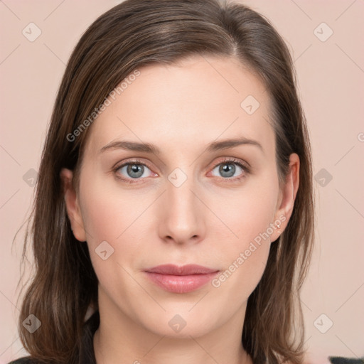 Neutral white young-adult female with medium  brown hair and grey eyes