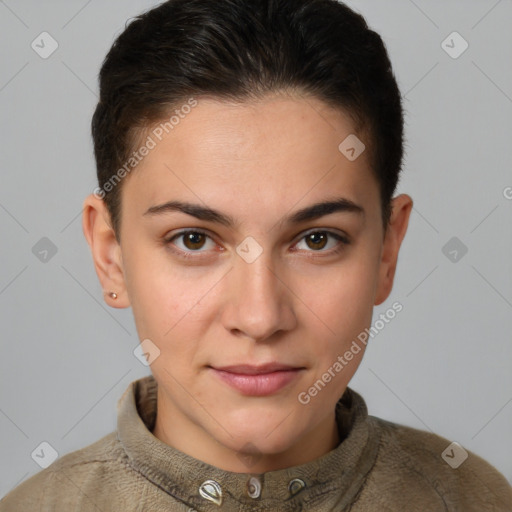 Joyful white young-adult female with short  brown hair and brown eyes