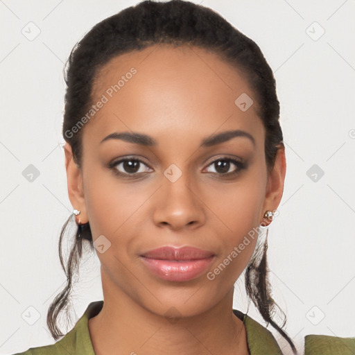 Joyful latino young-adult female with long  brown hair and brown eyes