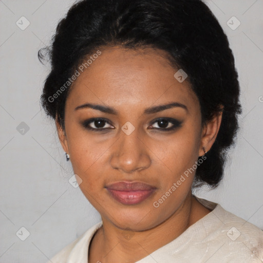 Joyful black young-adult female with medium  black hair and brown eyes