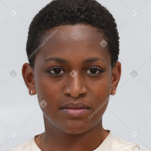 Neutral black young-adult female with short  brown hair and brown eyes