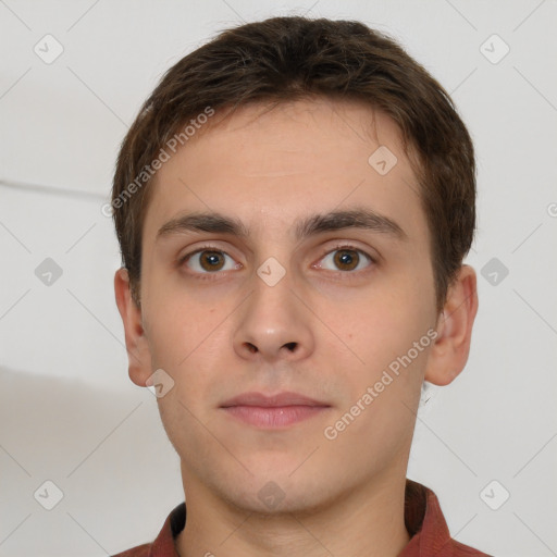 Neutral white young-adult male with short  brown hair and brown eyes