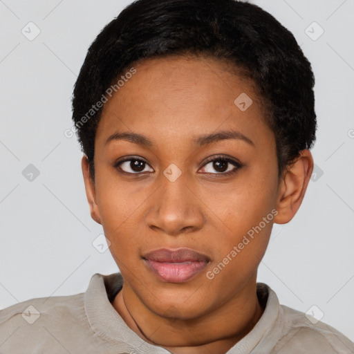 Neutral black young-adult female with short  black hair and brown eyes