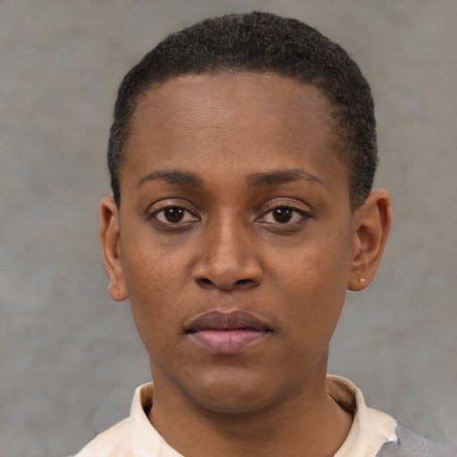 Neutral black young-adult female with short  black hair and brown eyes