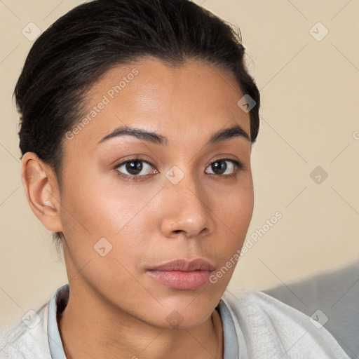 Neutral white young-adult female with short  brown hair and brown eyes