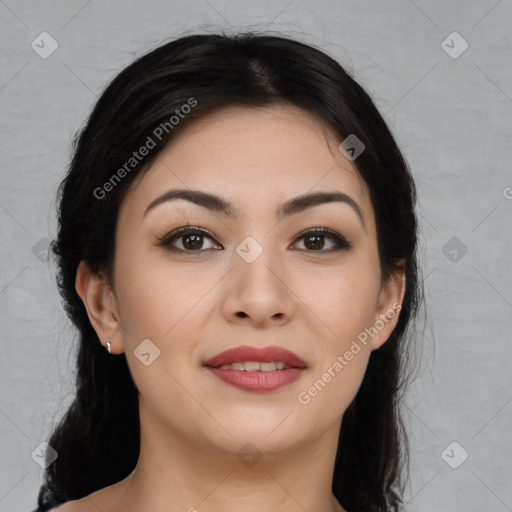 Joyful asian young-adult female with medium  black hair and brown eyes