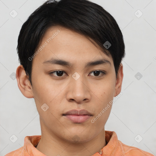 Neutral asian young-adult male with short  brown hair and brown eyes