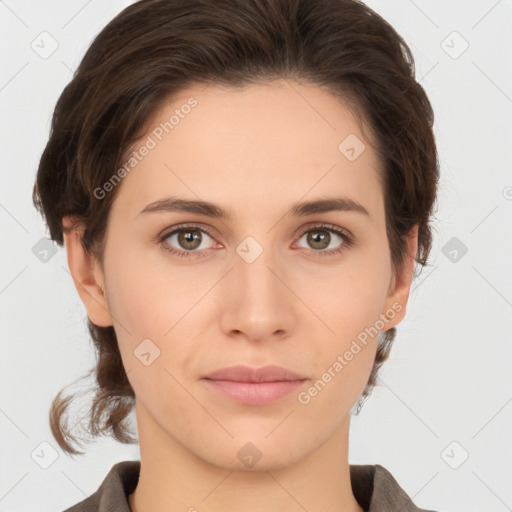 Neutral white young-adult female with short  brown hair and brown eyes