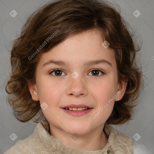 Joyful white child female with medium  brown hair and brown eyes