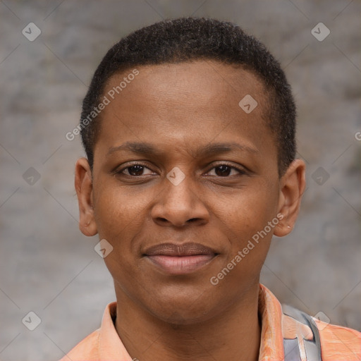 Joyful latino young-adult male with short  brown hair and brown eyes
