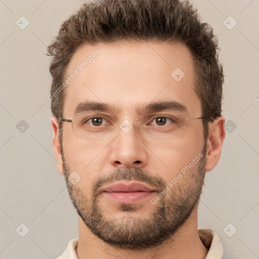 Neutral white young-adult male with short  brown hair and brown eyes