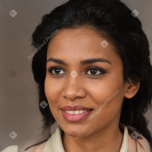 Joyful black young-adult female with medium  black hair and brown eyes