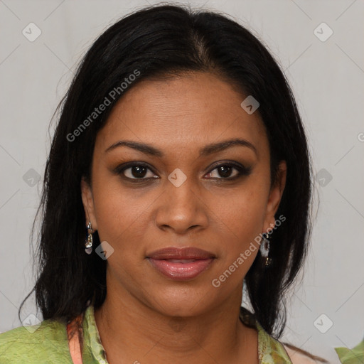 Joyful black young-adult female with medium  brown hair and brown eyes