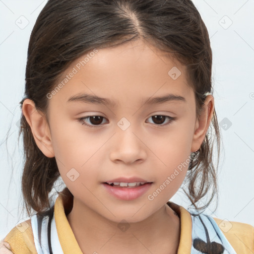 Joyful white child female with medium  brown hair and brown eyes