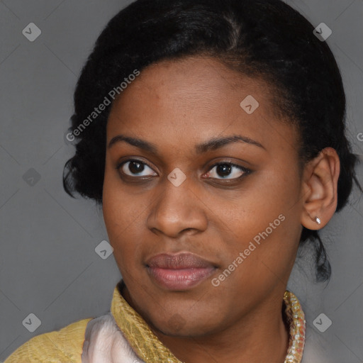 Joyful latino young-adult female with short  black hair and brown eyes