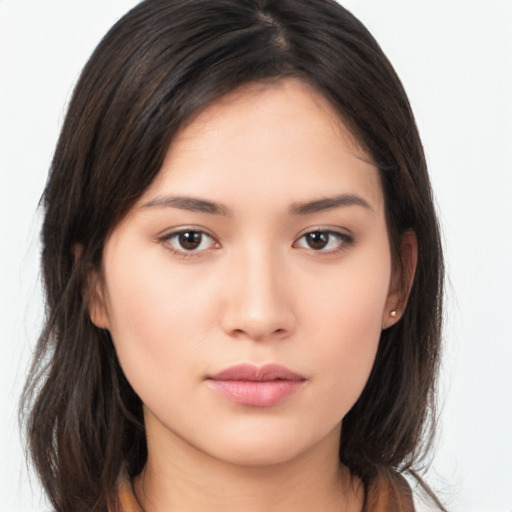 Neutral asian young-adult female with medium  brown hair and brown eyes