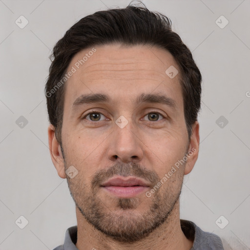 Neutral white adult male with short  brown hair and brown eyes