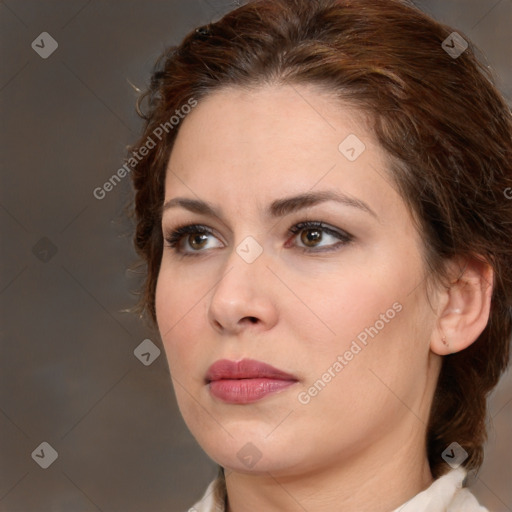 Neutral white young-adult female with medium  brown hair and brown eyes