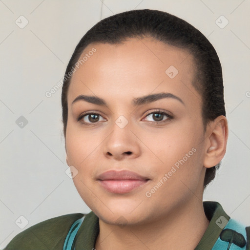 Neutral latino young-adult female with short  black hair and brown eyes