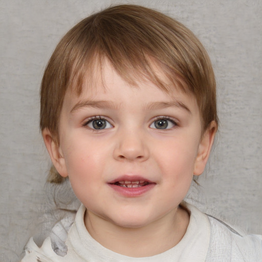 Neutral white child female with medium  brown hair and blue eyes