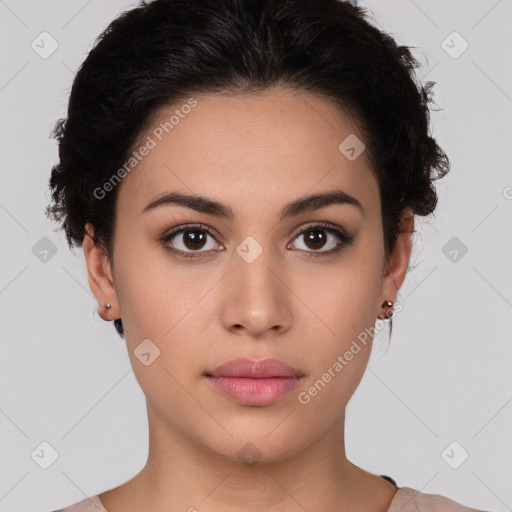 Neutral white young-adult female with short  brown hair and brown eyes