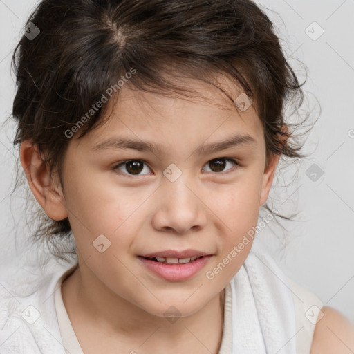 Joyful white child female with medium  brown hair and brown eyes