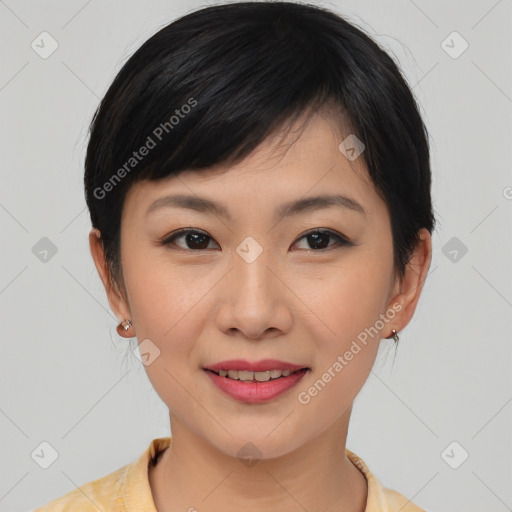 Joyful asian young-adult female with medium  brown hair and brown eyes