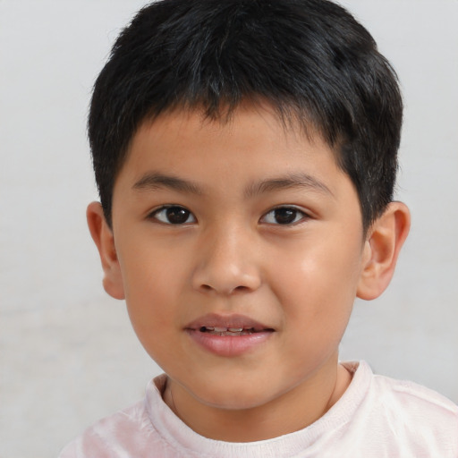 Joyful asian child male with short  brown hair and brown eyes