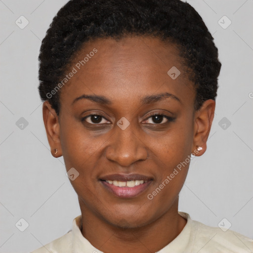 Joyful black young-adult female with short  black hair and brown eyes