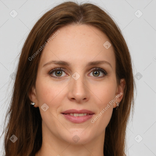 Joyful white young-adult female with long  brown hair and green eyes