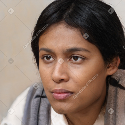 Neutral asian young-adult female with medium  brown hair and brown eyes