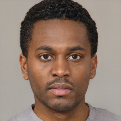 Neutral black young-adult male with short  black hair and brown eyes