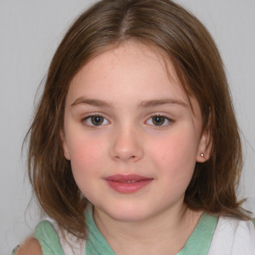 Neutral white child female with medium  brown hair and blue eyes