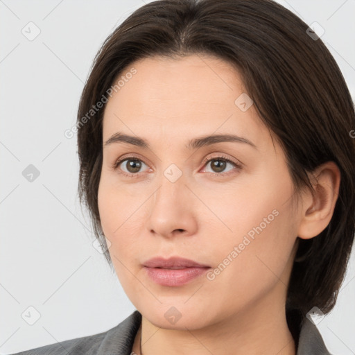 Neutral white young-adult female with medium  brown hair and brown eyes