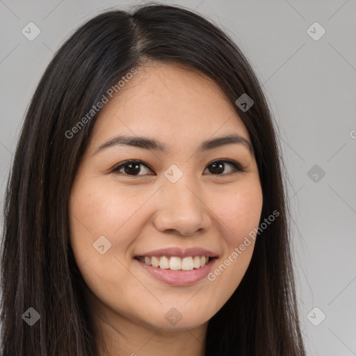 Joyful white young-adult female with long  brown hair and brown eyes