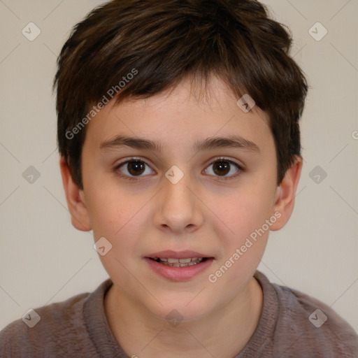 Joyful white child male with short  brown hair and brown eyes