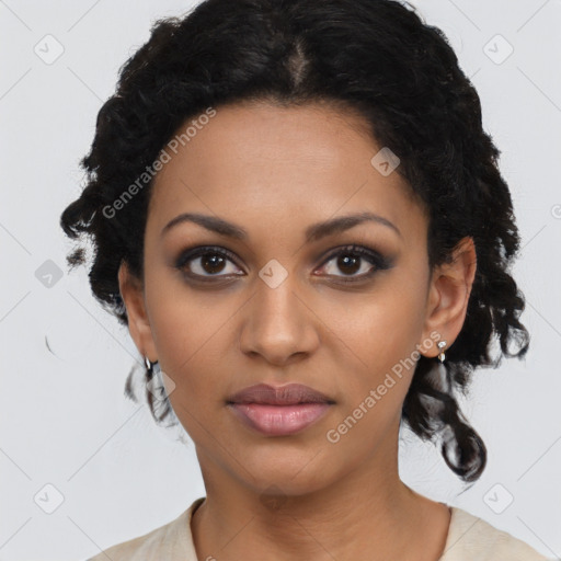 Joyful black young-adult female with medium  black hair and brown eyes