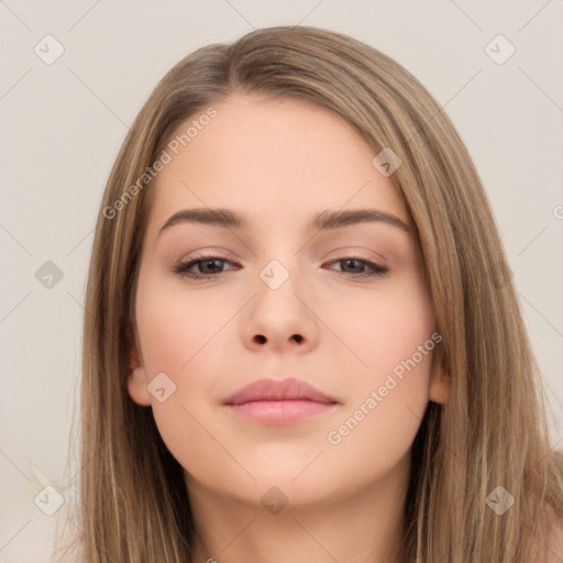 Neutral white young-adult female with long  brown hair and brown eyes