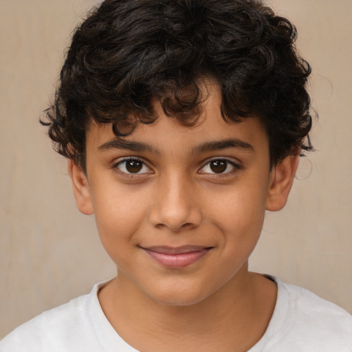 Joyful white child male with medium  brown hair and brown eyes