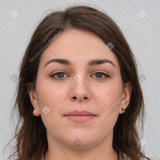 Neutral white young-adult female with long  brown hair and brown eyes