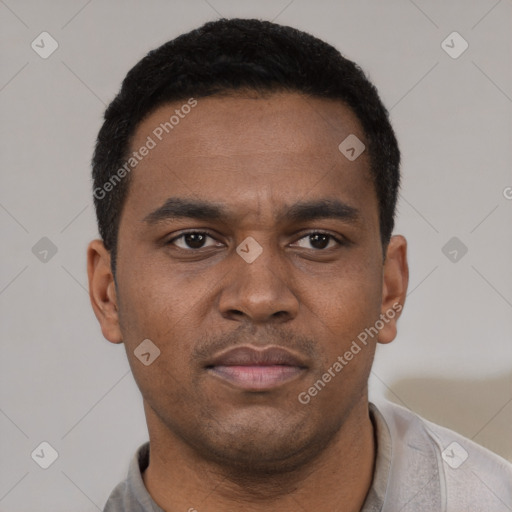 Neutral latino young-adult male with short  black hair and brown eyes