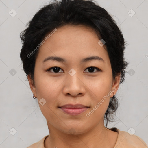 Joyful asian young-adult female with short  brown hair and brown eyes