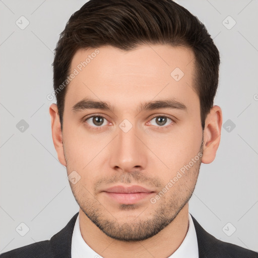 Neutral white young-adult male with short  brown hair and brown eyes