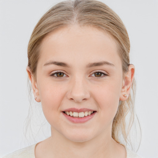 Joyful white child female with medium  brown hair and blue eyes