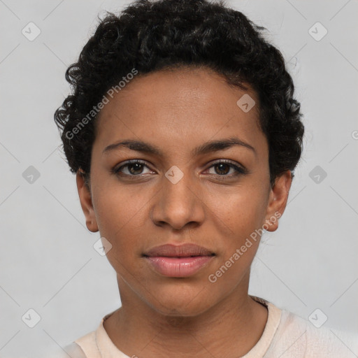 Neutral latino young-adult female with short  black hair and brown eyes